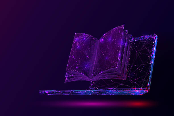 Laptop and book low poly vector illustration Laptop and book low poly vector illustration. 3d open textbook. Polygonal notebook display mesh art with connected dots. Modern information source, online library. Learning, self-education concept background of a definition stock illustrations