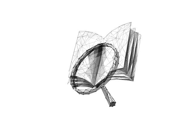 Book and Magnifying LP BL Book and magnifier low poly vector illustration. 3d magnifying glass near open encyclopedia on white. Polygonal textbook mesh art with connected dots. Information search, scientific research   metaphor magnifying glass book stock illustrations