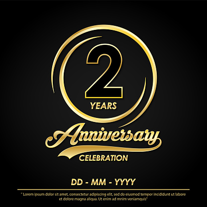 2nd years anniversary celebration emblem. anniversary logo with elegance of golden ring on black background, vector illustration template design for celebration greeting card and invitation card