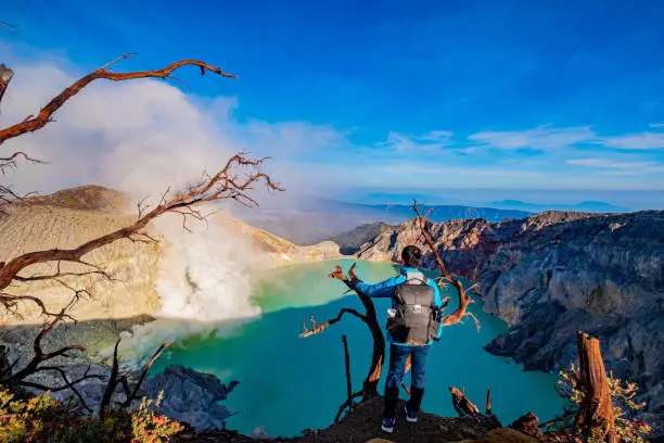 Iconic Deadwood Leafless Tree with Turquoise  Mineral Water Lake from Kawah Ijen Volcano in Blue Sky Day at Surabaya, East Java, Indonesia.