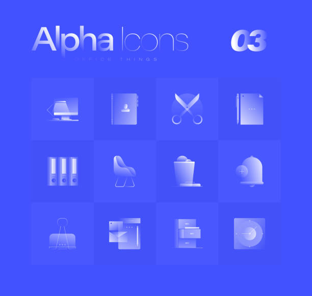 Office Things Alpha Icons Set Spot illustrations of office things for branding, web design, presentation, banners. Clean gradient icons set with thin lines and flat shapes. Pure transparency effect on blue color background. organized bookshelf stock illustrations