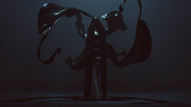 black cloaked demon futuristic haute couture robe et flottant ebrand onde de tissu abstract demon - sensuality halloween witch devil photos et images de collection