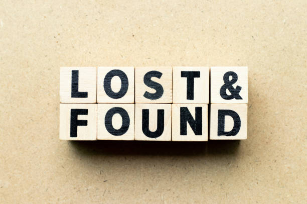 Letter block in word lost & found on wood background