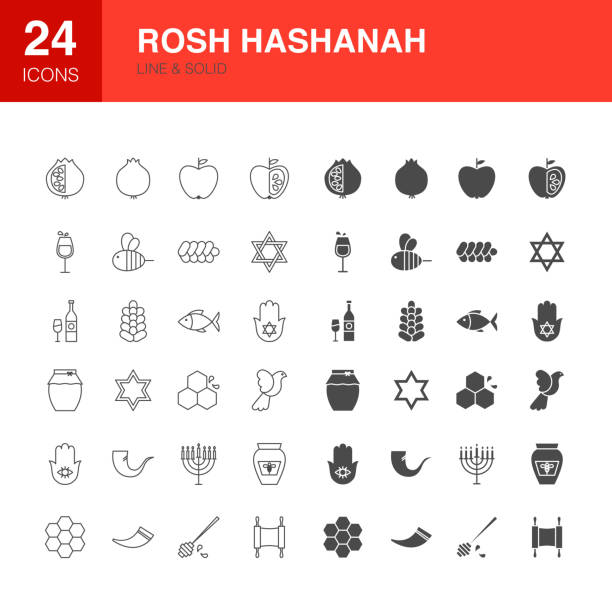 Rosh Hashanah Line Web Glyph Icons Rosh Hashanah Line Web Glyph Icons. Vector Illustration of Jewish Outline and Solid Symbols. jewish new year stock illustrations