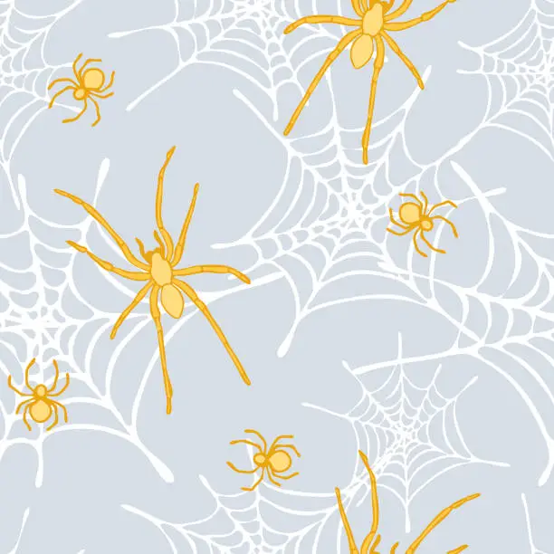 Vector illustration of Yellow spiders and spider web seamless pattern on light blue background.