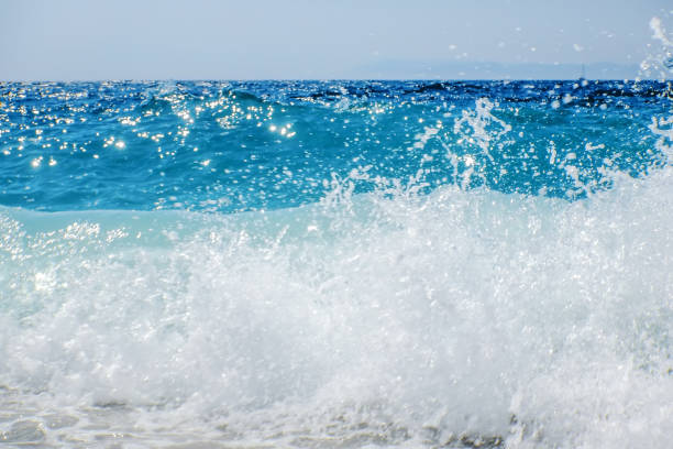 Breaking Wave of Blue Ocean on sandy beach Summer Background