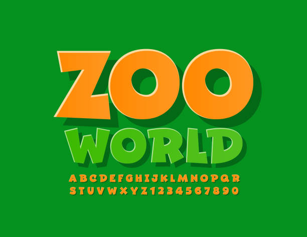 ilustraciones, imágenes clip art, dibujos animados e iconos de stock de emblema brillante vectorial zoo world. letras y números del alfabeto al estilo cómic - zoo