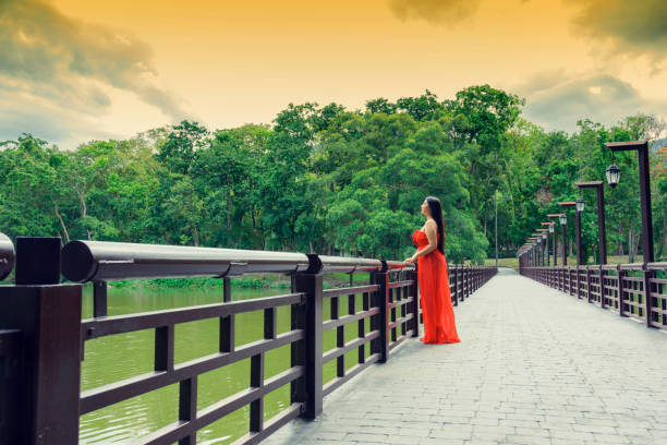 Woman in Red Dress standing on the bridge in the park with colourful sky