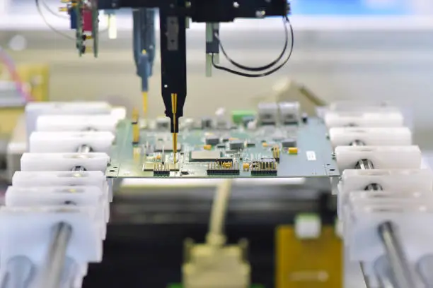 robot automatically assembles circuit board with electronic components in a modern factory