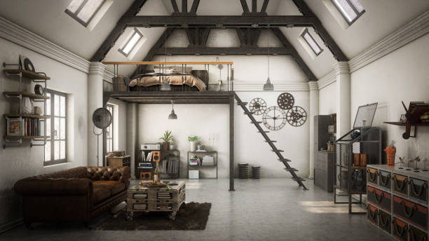 Industrial Style Loft Apartment Digitally generated affordable loft apartment (industrial style).

The scene was rendered with photorealistic shaders and lighting in Autodesk® 3ds Max 2016 with V-Ray 3.6 with some post-production added. industrial style photos stock pictures, royalty-free photos & images