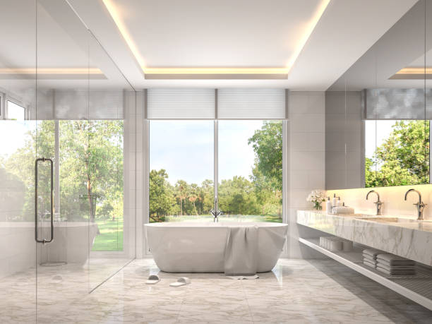 istock Modern luxury white bathroom with garden view 3d render 1166438438