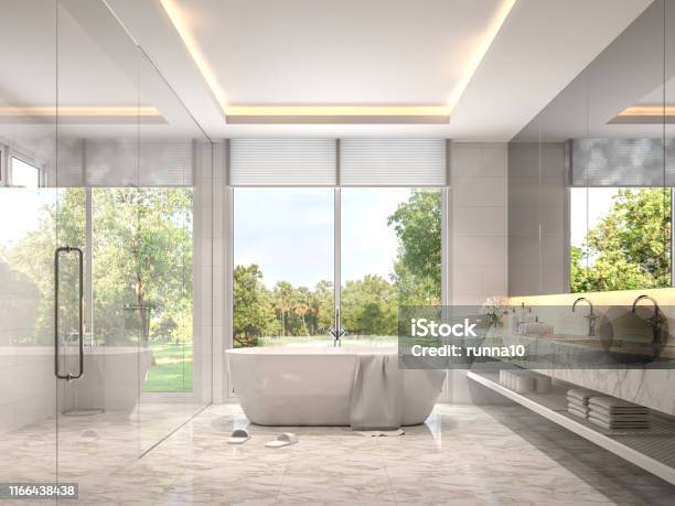 Modern Luxury White Bathroom With Garden View 3d Render Stock Photo - Download Image Now