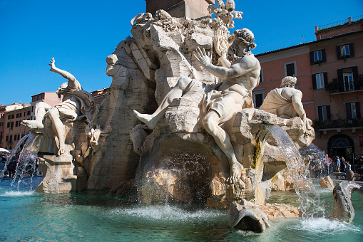 fragment of Fountain of the Four Rivers on piazza Navona, Rome, Italy