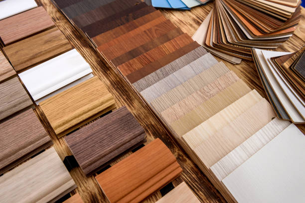 istock Different wooden samplers on workplace close up 1166439889