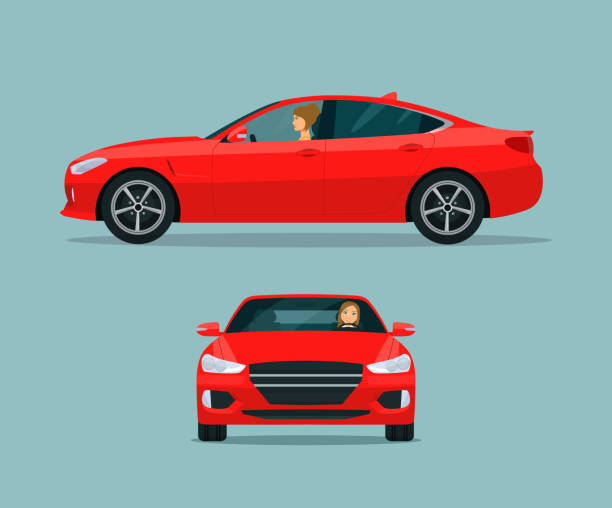 Red sport sedan two angle set. Car with driver woman side view and front view. Vector flat style illustration. Red sport sedan two angle set. Car with driver woman side view and front view. Vector flat style illustration. front view illustrations stock illustrations