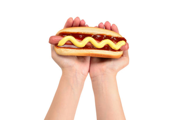 Hot dog in woman hand isolated on white background. Copy space.