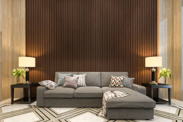 istock 3d rendering mock up wood decor in living room with sofa classic style 1166441379