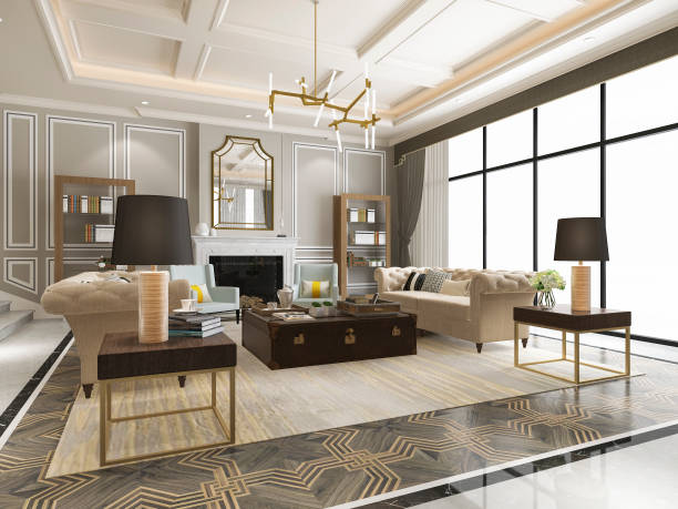 istock 3d rendering luxury and modern living room with bookshelf 1166441384