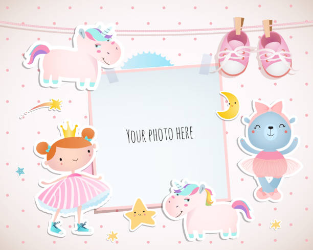 ilustraciones, imágenes clip art, dibujos animados e iconos de stock de diseño de tarjetas de vacaciones con una pequeña princesa, unicornios, botines. - bear teddy bear characters hand drawn