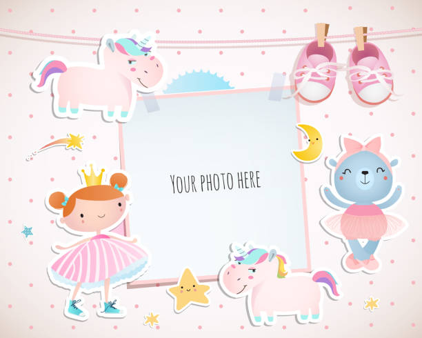 Conception de carte de vacances avec une petite princesse, licornes, bottillons. - Illustration vectorielle