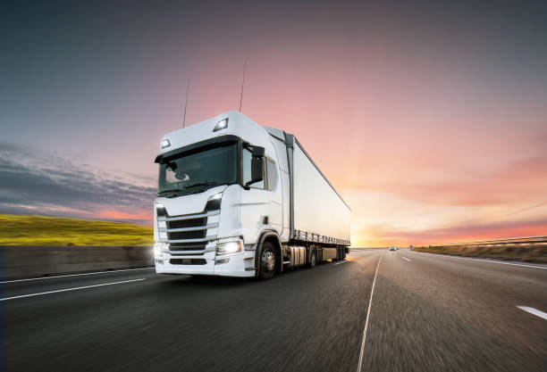 istock Truck with container on road, cargo transportation concept. 1166446963