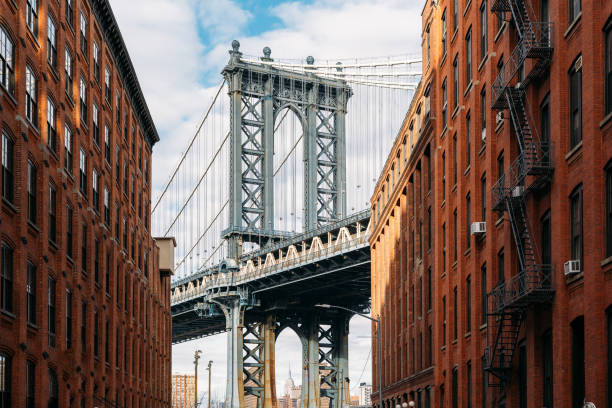 istock Manhattan Bridge seen between two beautiful brown buildings at sunset - Bottom view 1166448387