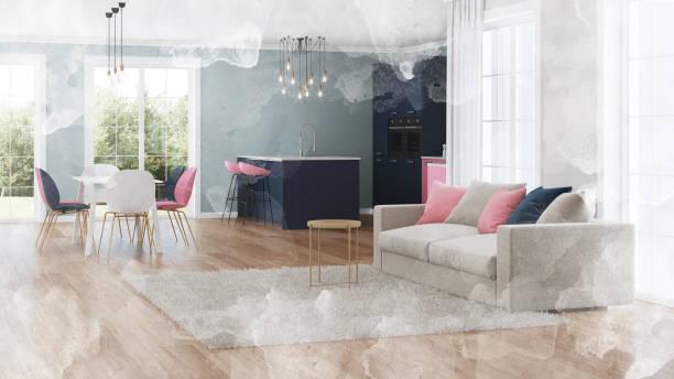istock Modern house interior. Pink kitchen. Watercolor. 3D rendering. 1166451049