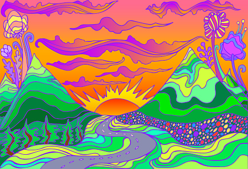 Retro hippie style psychedelic landscape with mountains, sun and the road going into the sunset. Vector hand drawn cartoon bright gradient colors background.