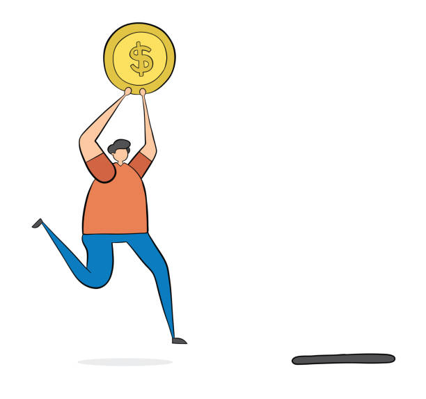 ilustrações de stock, clip art, desenhos animados e ícones de the man carries the money and runs to throw it into the moneybox hole. - coin stacking vector part of