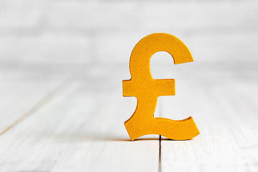 Golden pound sign on white wood table over white brick background with copy space.