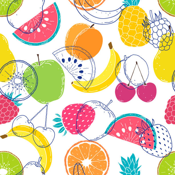 다채로운 과일 패턴 - wallpaper pattern raspberry pattern seamless stock illustrations