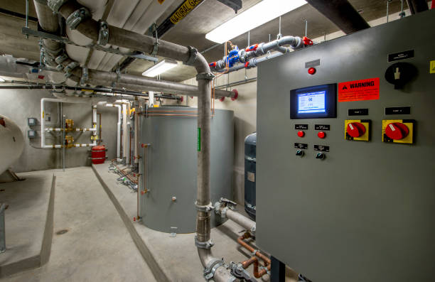 kesselraum - water pipe boiler pipe control panel stock-fotos und bilder