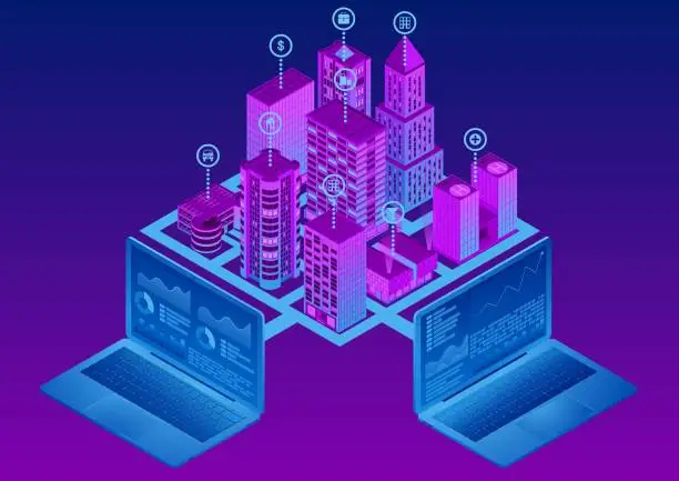 Vector illustration of Isometric smart city. The concept of System intelligent control.