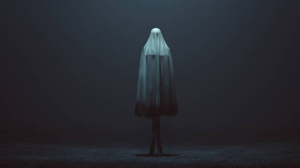 istock Standing Evil Spirit Ghost with Crossed Legs and Hands by Her Sides in a Death Shroud Sheet in a Foggy Void Front View 1166471925