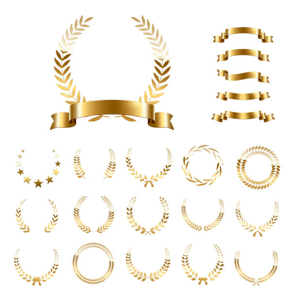 金色の月桂樹の花輪とリボンが白い背景に設定されています。チャンピオンシップや映画祭のための葉の賞のリースのセット。ベクトルイラスト。 - ロゴマーク点のイラスト素材／クリップアート素材／マンガ素材／アイコン素材