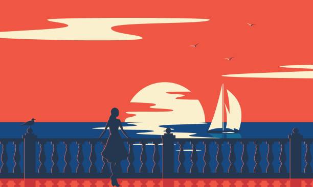 stockillustraties, clipart, cartoons en iconen met vrouw aan de boulevard aan de kust kijkt naar de zeilboot. natuur landschap en zeegezicht. vintage retro poster. - illustraties van middellandse zee