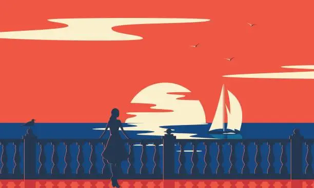 Vector illustration of Woman on the promenade on the seashore looks at the sailboat. Nature landscape and seascape. Vintage retro poster.