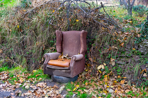 fly tipped old, shabby armchair in nature in autumn light