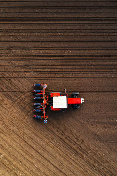 istock Top view of tractor planting corn seed in field 1166474297