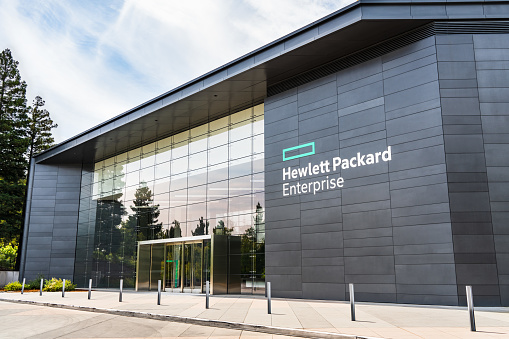August 5, 2019 Palo Alto / CA / USA - Hewlett Packard Enterprise (HPE) corporate headquarters located in Silicon Valley; HPE is an American multinational enterprise information technology