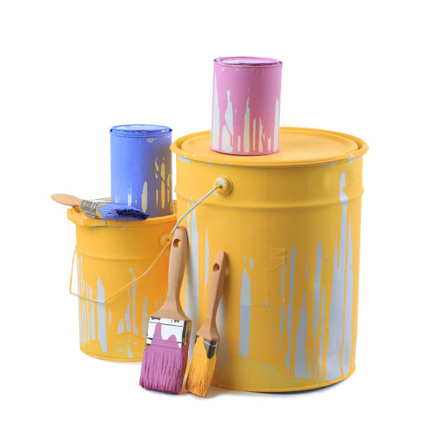 Open cans of paint in different colors and brushes.