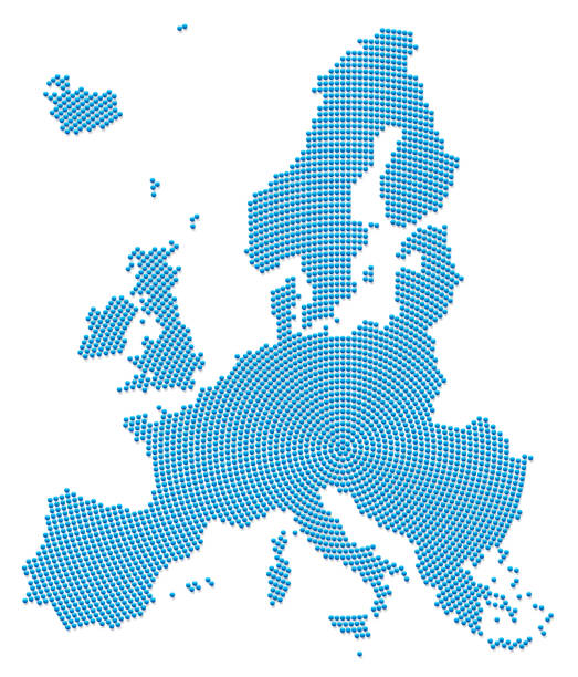 illustrazioni stock, clip art, cartoni animati e icone di tendenza di mappa dell'europa. motivo blu con perline di ferro 3d che vanno radialmente verso l'esterno dal centro per formare la sagoma dell'area dell'ue. illustrazione vettoriale su sfondo bianco. - iron beads illustrations