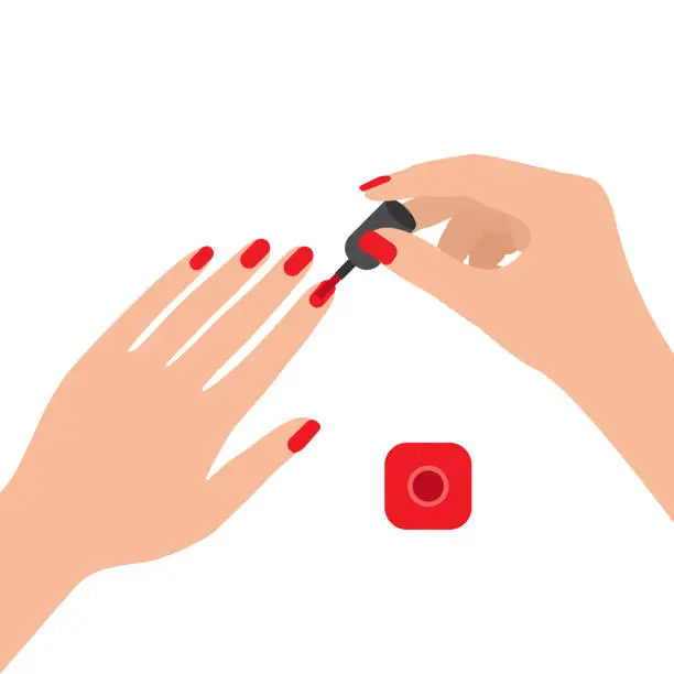 Vector illustration of Female hands with nail polish. Coat your fingernails with red varnish. Vector illustration on white background.