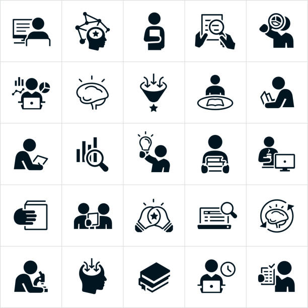A set of research icons. The icons show several different symbols representing research. They include a person doing research on the computer, a person reading a book, using a magnifying glass to review a document, reviewing charts and graphs, a brain representing knowledge, a person gaining knowledge, reading a textbook, reviewing data, carrying books, reviewing documents, looking through a microscope and others.
