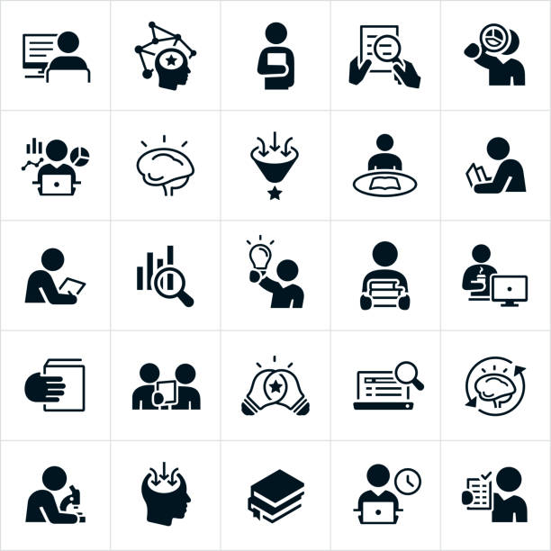 Research Icons A set of research icons. The icons show several different symbols representing research. They include a person doing research on the computer, a person reading a book, using a magnifying glass to review a document, reviewing charts and graphs, a brain representing knowledge, a person gaining knowledge, reading a textbook, reviewing data, carrying books, reviewing documents, looking through a microscope and others. data system stock illustrations