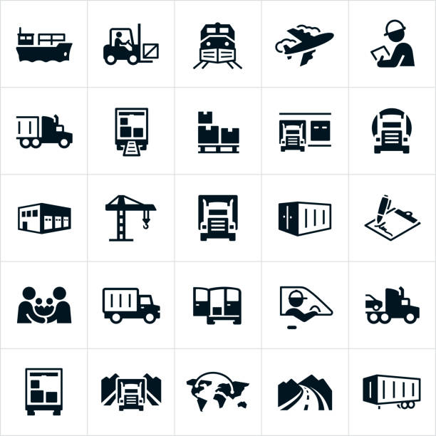 A set of freight and cargo transport icons. The icons show methods of transport including air transport, barge, rail, semi-truck and other shipping methods. They also include a forklift, warehouse, freight train, airplane, delivery truck, packages, palette, crane, inspector, a handshake between two people, a delivery van, a driver, open road and cargo container to name just a few.