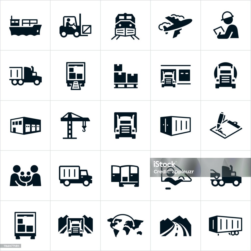 Freight Transport Icons A set of freight and cargo transport icons. The icons show methods of transport including air transport, barge, rail, semi-truck and other shipping methods. They also include a forklift, warehouse, freight train, airplane, delivery truck, packages, palette, crane, inspector, a handshake between two people, a delivery van, a driver, open road and cargo container to name just a few. Icon stock vector