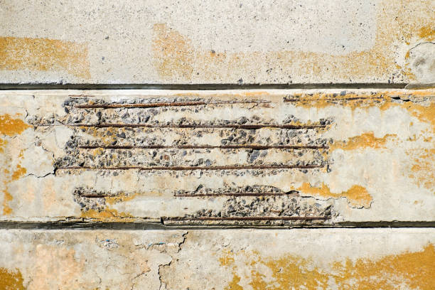 istock Crumbling surface of concrete slabs, in which the reinforcement bars appear 1166477528