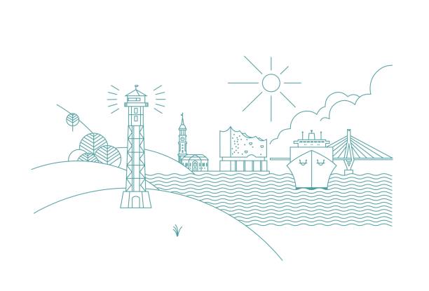 Hamburg skyline Line Art City silhouette, Elbphilharmonie, St. Michaeliskirche, Container - Schiff, Köhlbrandbrücke, Lighthouse, Germany köhlbrandbrücke stock illustrations