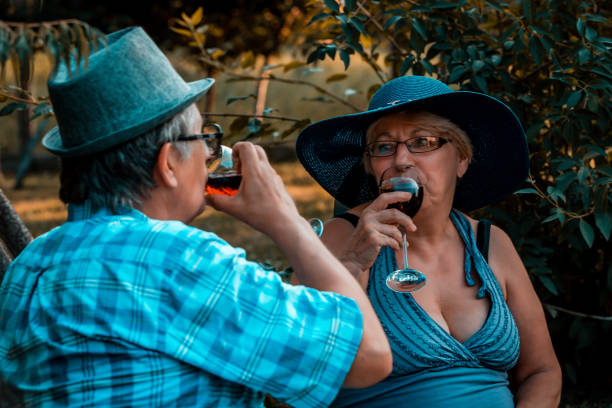 istock Happy senior couple drinking wine on a picnic 1166478637